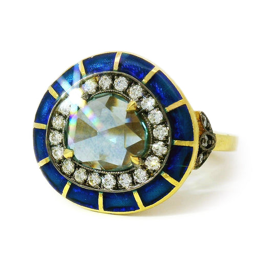 Montana Sapphire, Diamond, & Enamel Ring - "Rock Candy Ocean Mosaic"