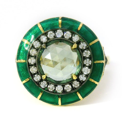 Montana Sapphire, Diamond & Enamel Ring - "Rock Candy Succulent Paradise"