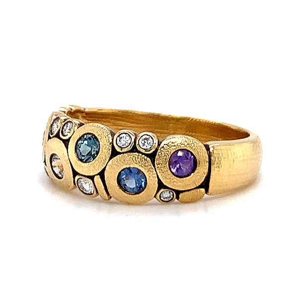 Montana Sapphire & Diamond Yellow Gold Domed Ring - "Rainbow Candy"