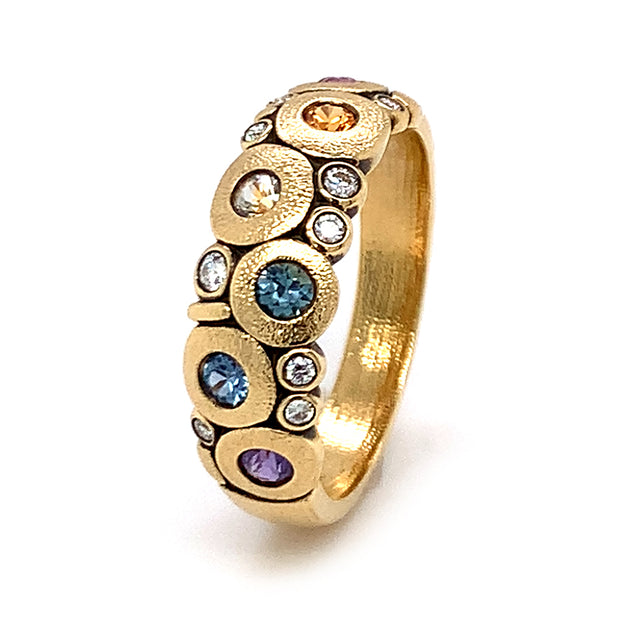 Montana Sapphire & Diamond Yellow Gold Domed Ring - "Rainbow Candy"