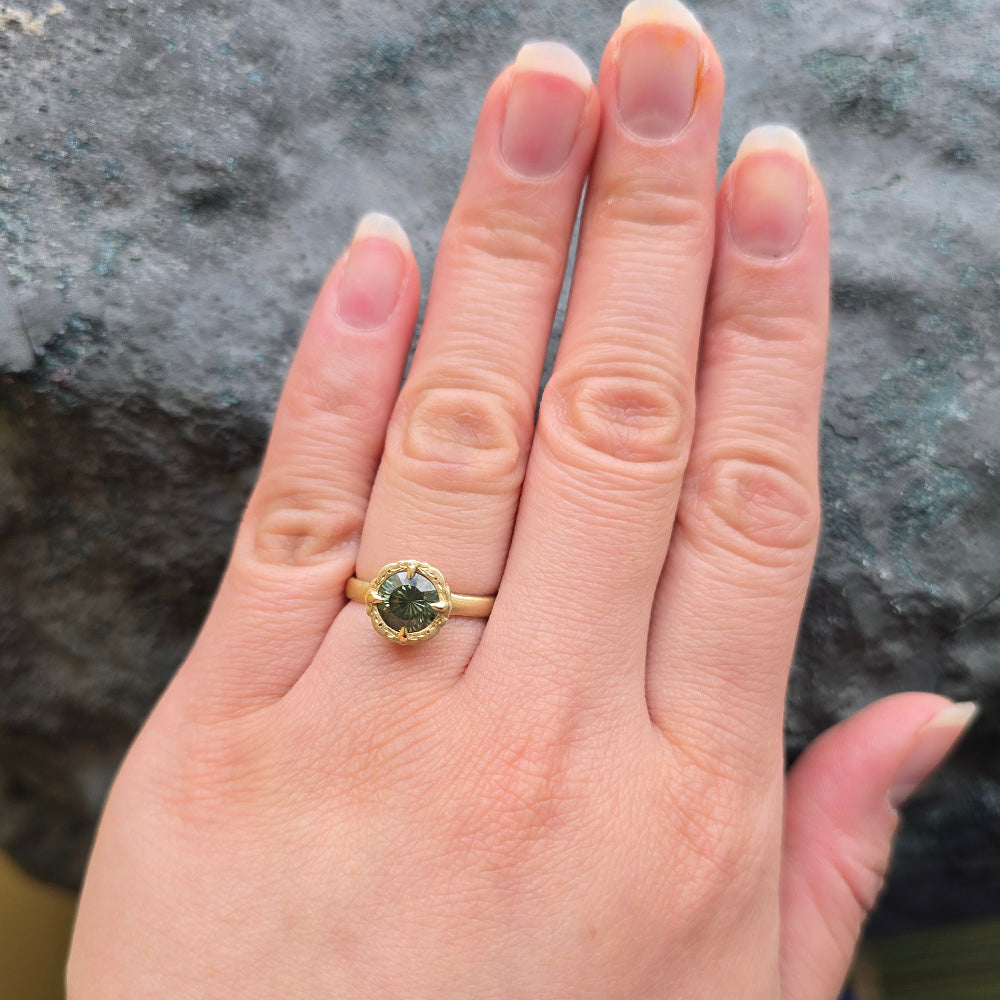 Green Montana Sapphire & Diamond Engagement Ring - "Eye of the Jungle"