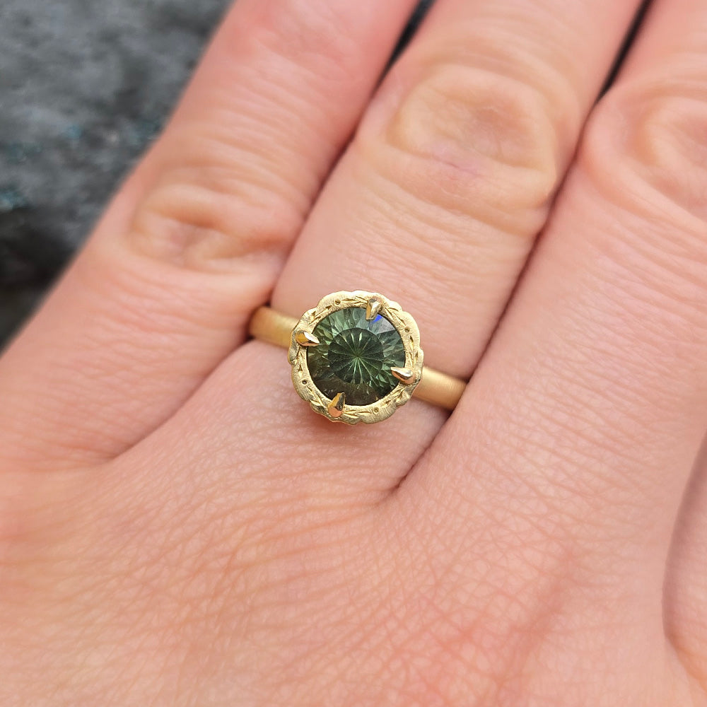 Green Montana Sapphire & Diamond Engagement Ring - "Eye of the Jungle"