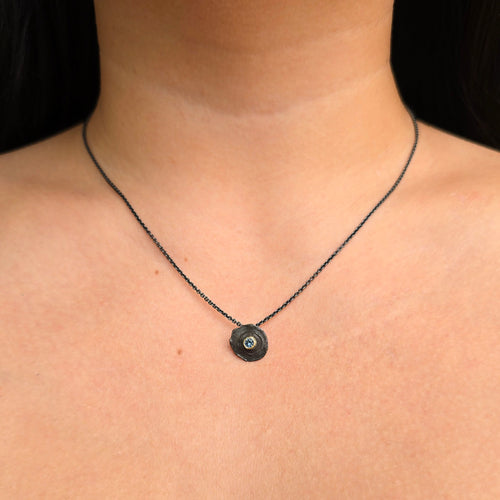 Oxidized Sterling Silver Montana Sapphire Bullet Necklace – “Centerfire”