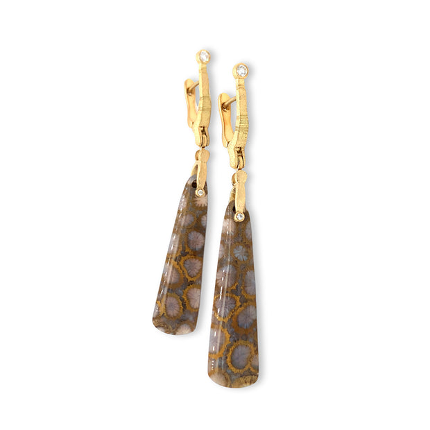 Fossilized Coral & Diamond Drop Earrings - "Sticks & Stones"