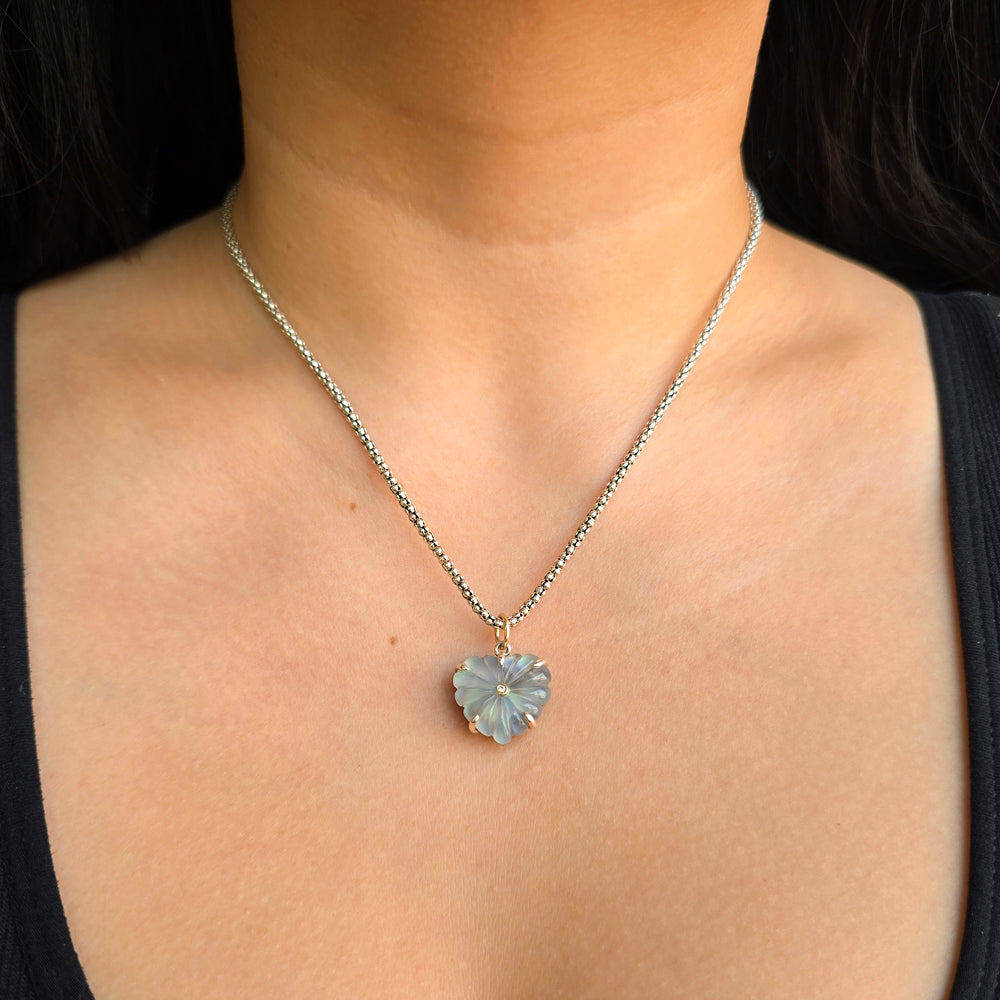 Abalone, Clear Chalcedony & Diamond Pendant - "Luminescent Heart"