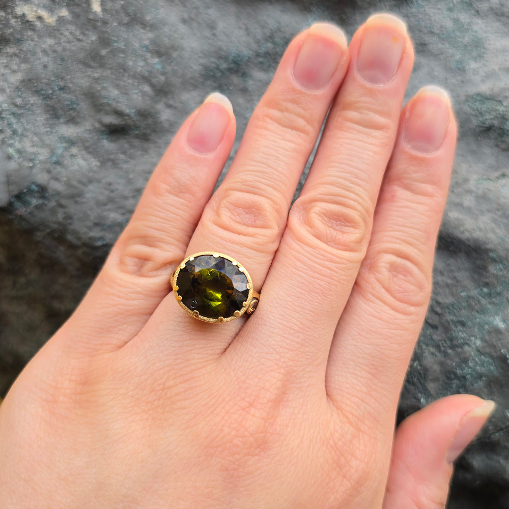 Olive-Brown Tourmaline & Diamond Ring - "Little Windows"