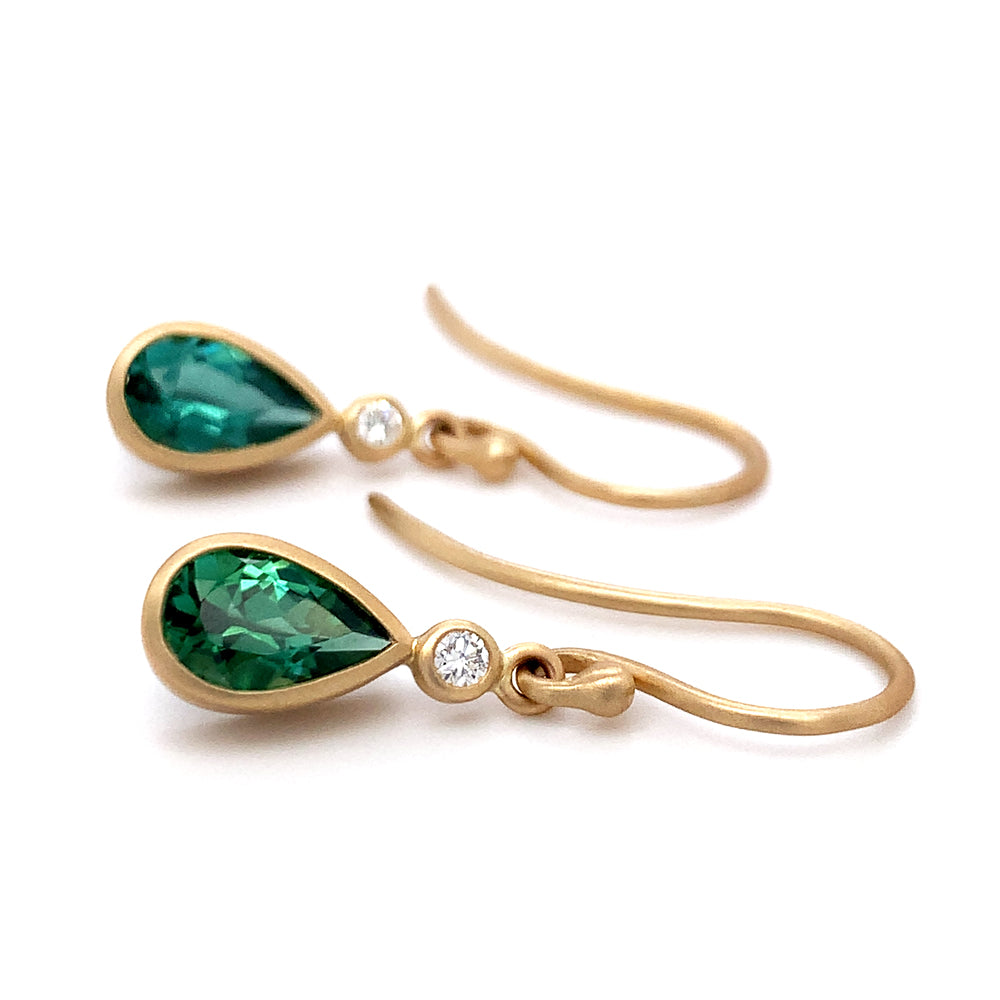 14K Yellow Gold Green Tourmaline and Diamond Earrings - 