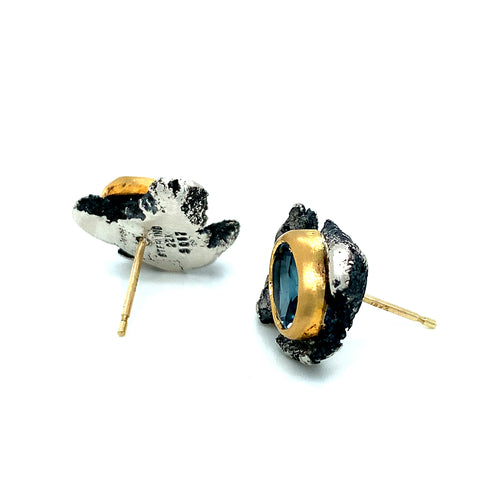 Blue Topaz Sterling Silver & Gold Stud Earrings - "Talentum"