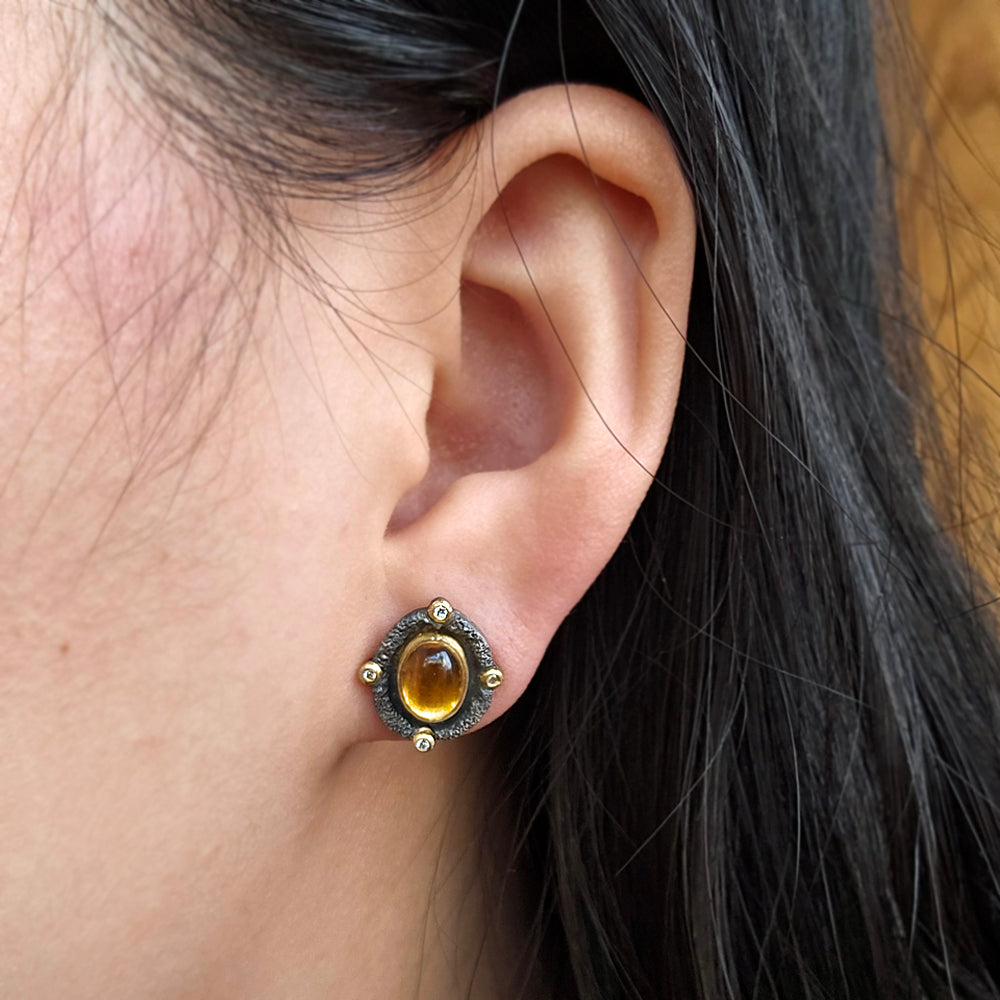 Citrine Cabochon & Sterling Silver Earrings - "Autumnal Equinox"