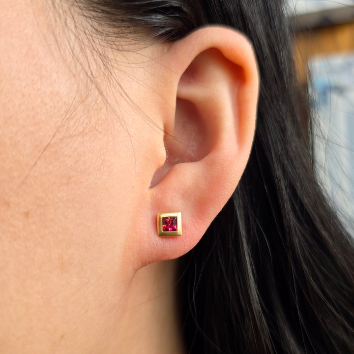 Pink Tourmaline & Yellow Gold Stud Earrings - "Peony"