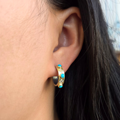 Oxidized Silver & Gold Semi Hoops with Turquoise - "Daphne"