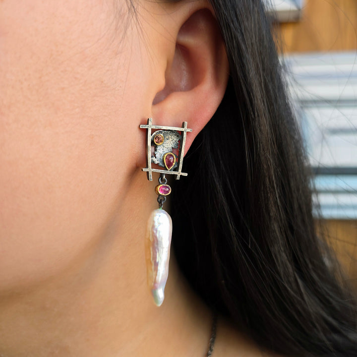 Asymmetrical Pearl Earrings with Pink Sapphires - "Pearl River"
