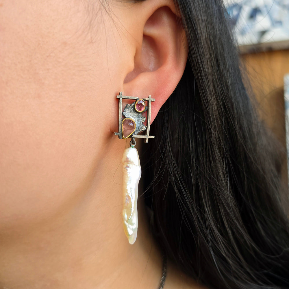 Asymmetrical Pearl Earrings with Pink Sapphires - "Pearl River"