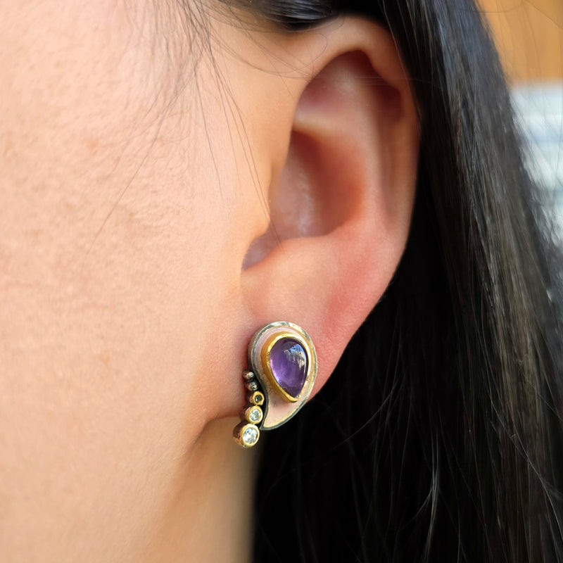 Amethyst & Diamond Mixed Metal Stud- "Medici Vetus"