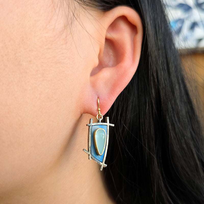 Aquamarine Shoji Drop Earrings in Gold & Titanium - "Aquamarine Shoji"