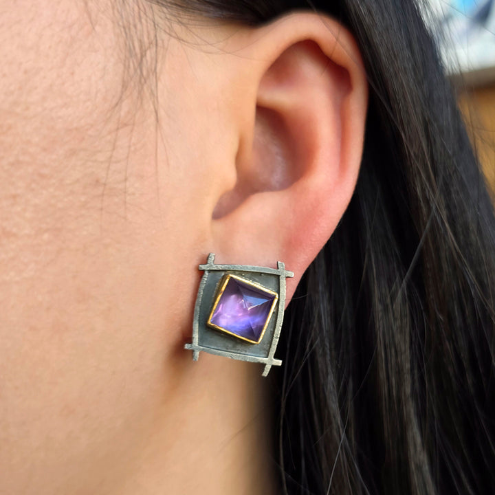 Amethyst, 22K & Sterling Silver Stud Earrings- "Shoji Sugarloaf"