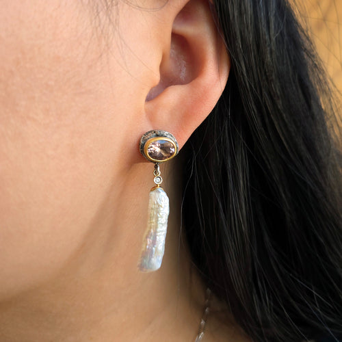 Freshwater Pearl Drop Earrings with Pink Tourmaline - "Vetus Quiet Waters"