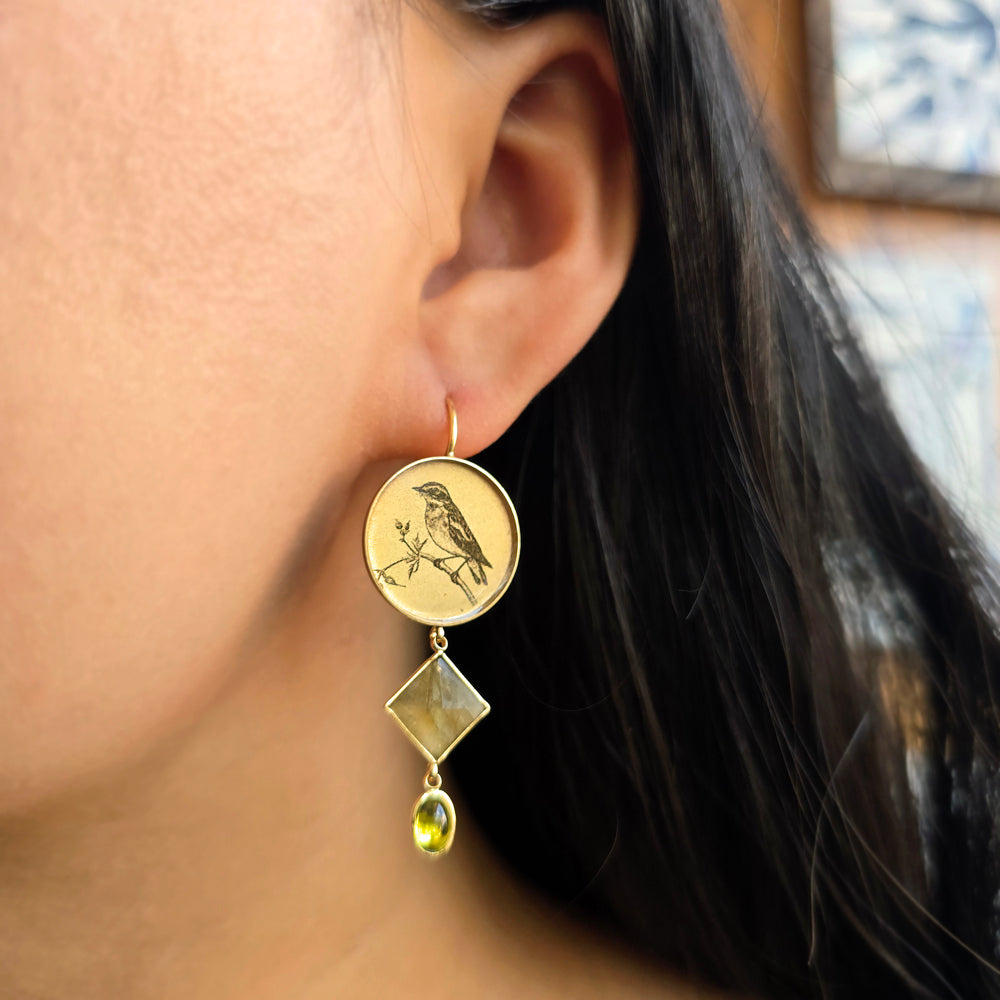 Close-up of labradorite and peridot detail on illustrated sparrow earrings
