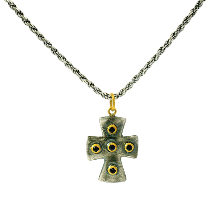 Sterling Silver, Yellow Gold & Sapphire Cross Pendant - "Byzantine"