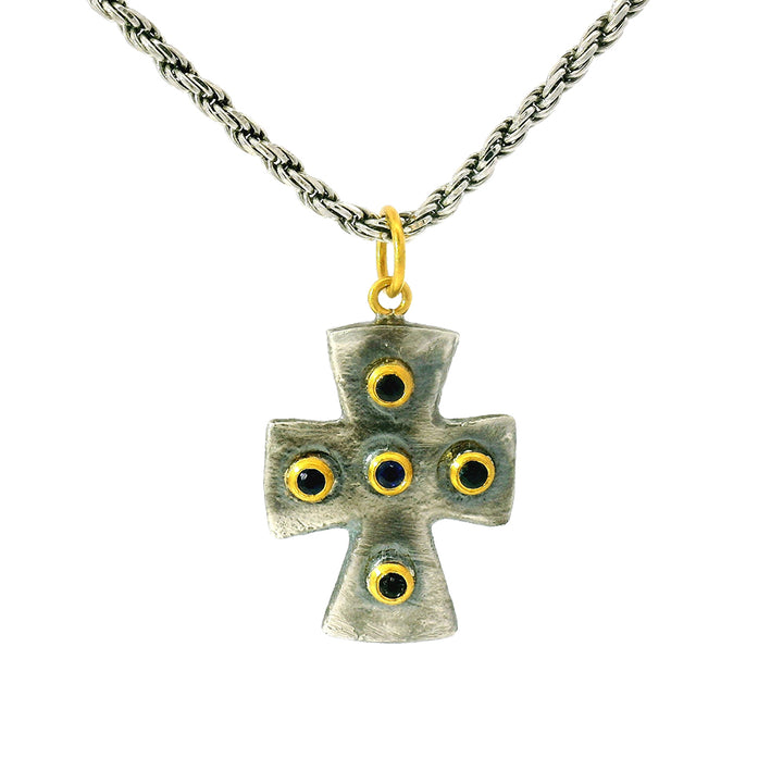Sterling Silver, Yellow Gold & Sapphire Cross Pendant - "Byzantine"