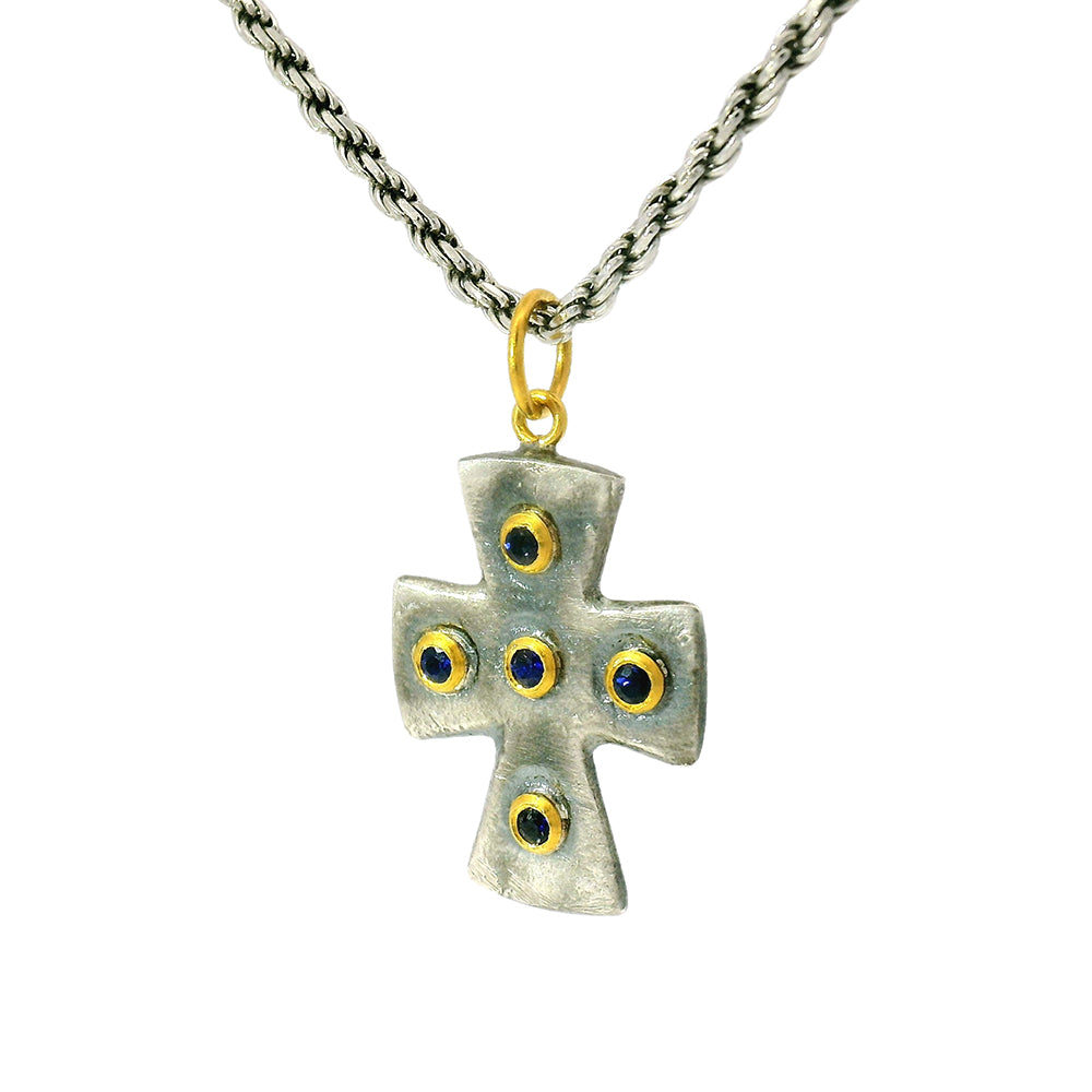 Sterling Silver, Yellow Gold & Sapphire Cross Pendant - "Byzantine"