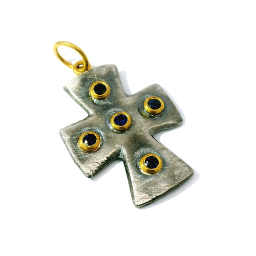 Blue Sapphire Cross Pendant - "Byzantine"
