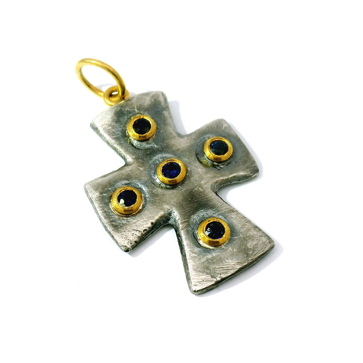 Sterling Silver, Yellow Gold & Sapphire Cross Pendant - "Byzantine"