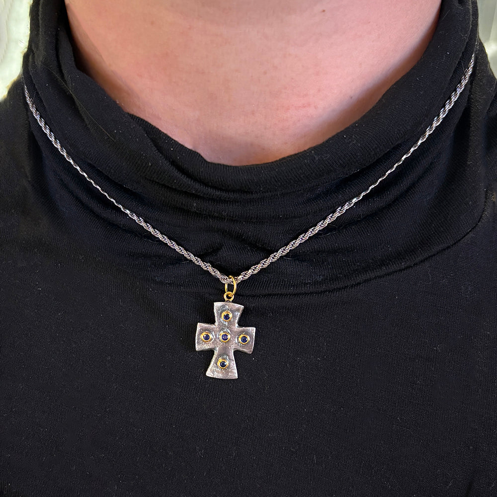 Sterling Silver, Yellow Gold & Sapphire Cross Pendant - "Byzantine"