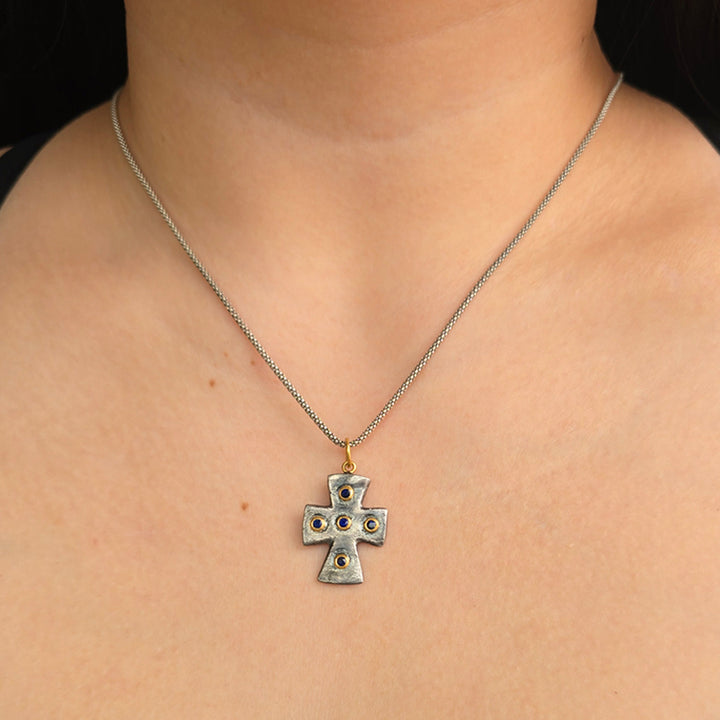 Blue Sapphire Cross Pendant - "Byzantine"
