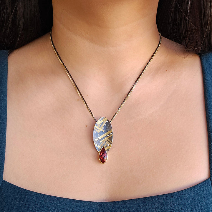 One-of-a-kind Oregon Sunstone, Gold & Sterling Silver Pendant - "Sunfall"