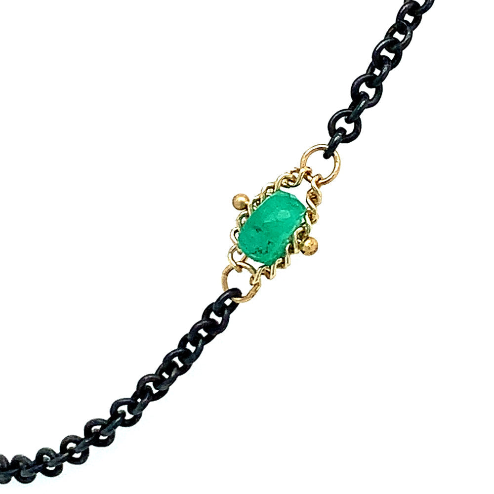 Oxidized Silver & Gold Textile Station Necklace - "Islands of Emerald"