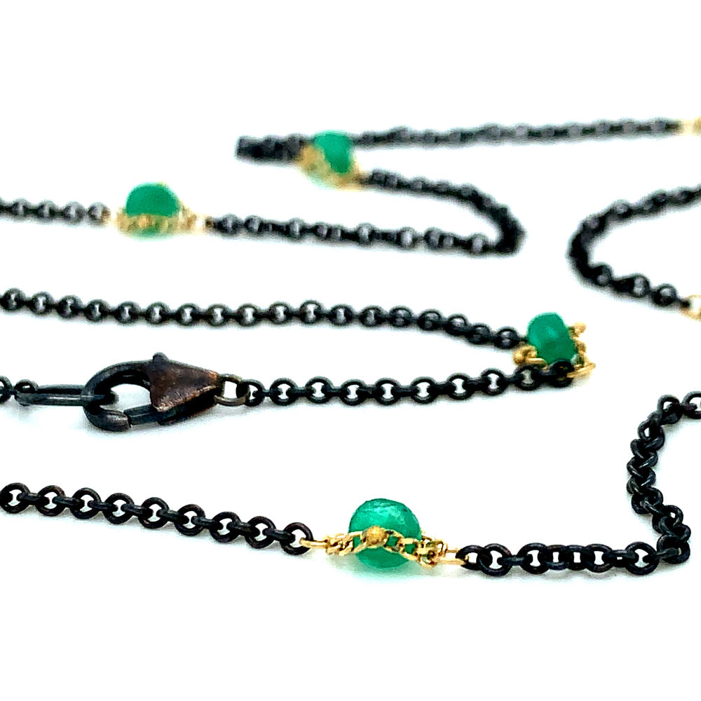 Oxidized Silver & Gold Textile Station Necklace - "Islands of Emerald"