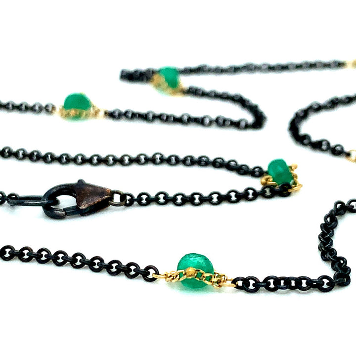 Oxidized Silver & Gold Textile Station Necklace - "Islands of Emerald"