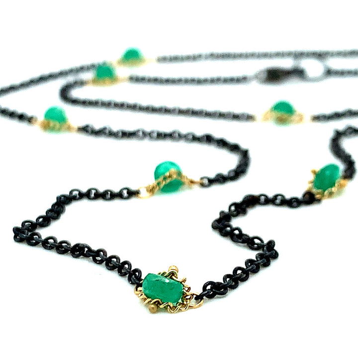 Oxidized Silver & Gold Textile Station Necklace - "Islands of Emerald"