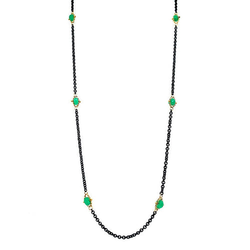 Emerald Rondelle, Oxidized Silver & Gold Necklace - "Textile Station"