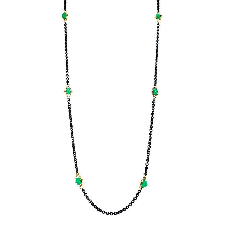 Oxidized Silver & Gold Textile Station Necklace - "Islands of Emerald"