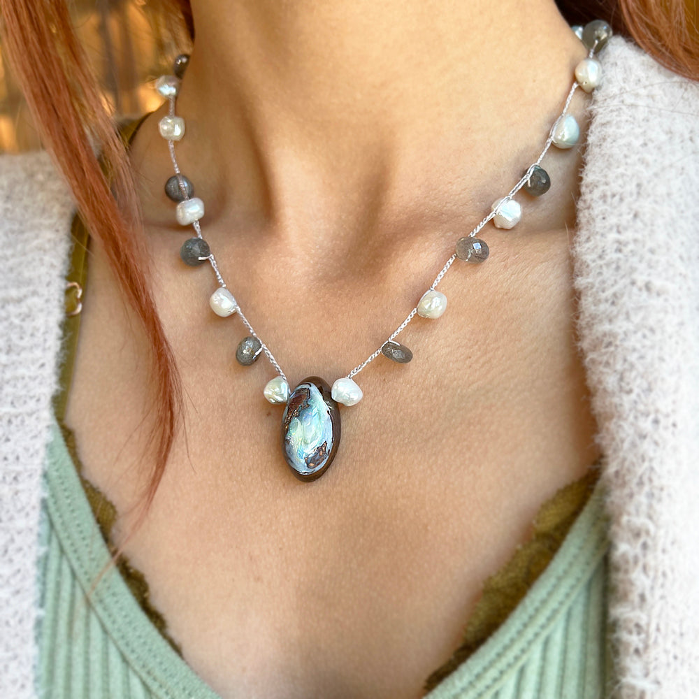 koroit opal pearl labradorite necklace on model