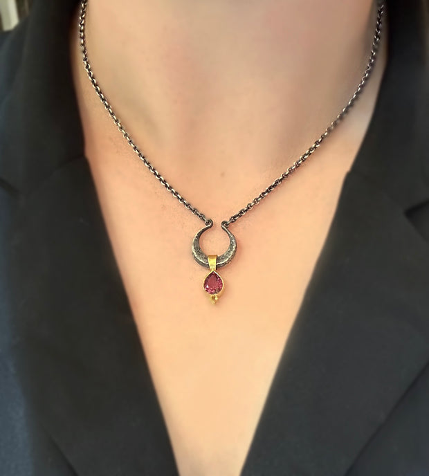 Sterling Silver & Gold Pink Tourmaline Necklace - "Lunatus"
