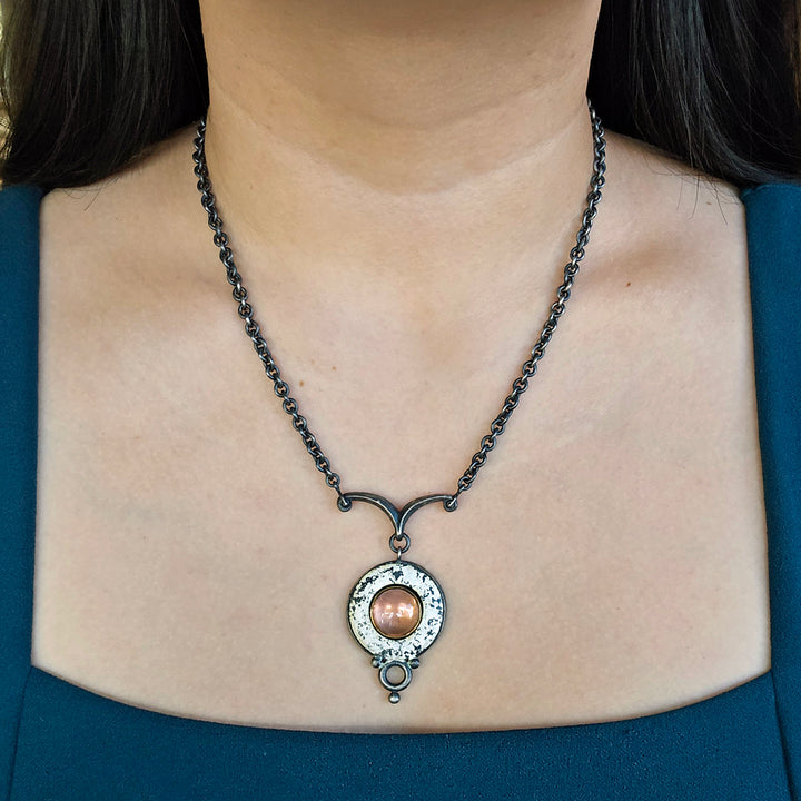 Peach Tourmaline Cabochon & White Enamel Necklace - "Maru"