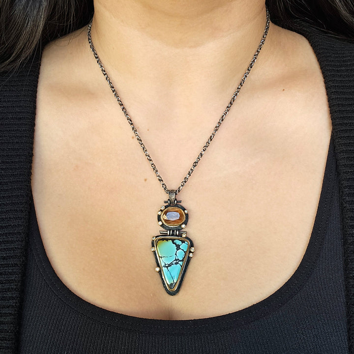 Turquoise, Cassiterite, & Diamond Necklace - "Western Sky"