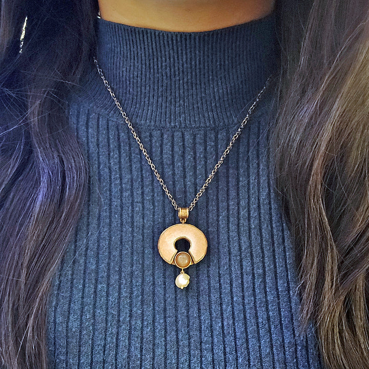 Moonstone, Pearl, & Enamel Necklace - "Peach Daze"