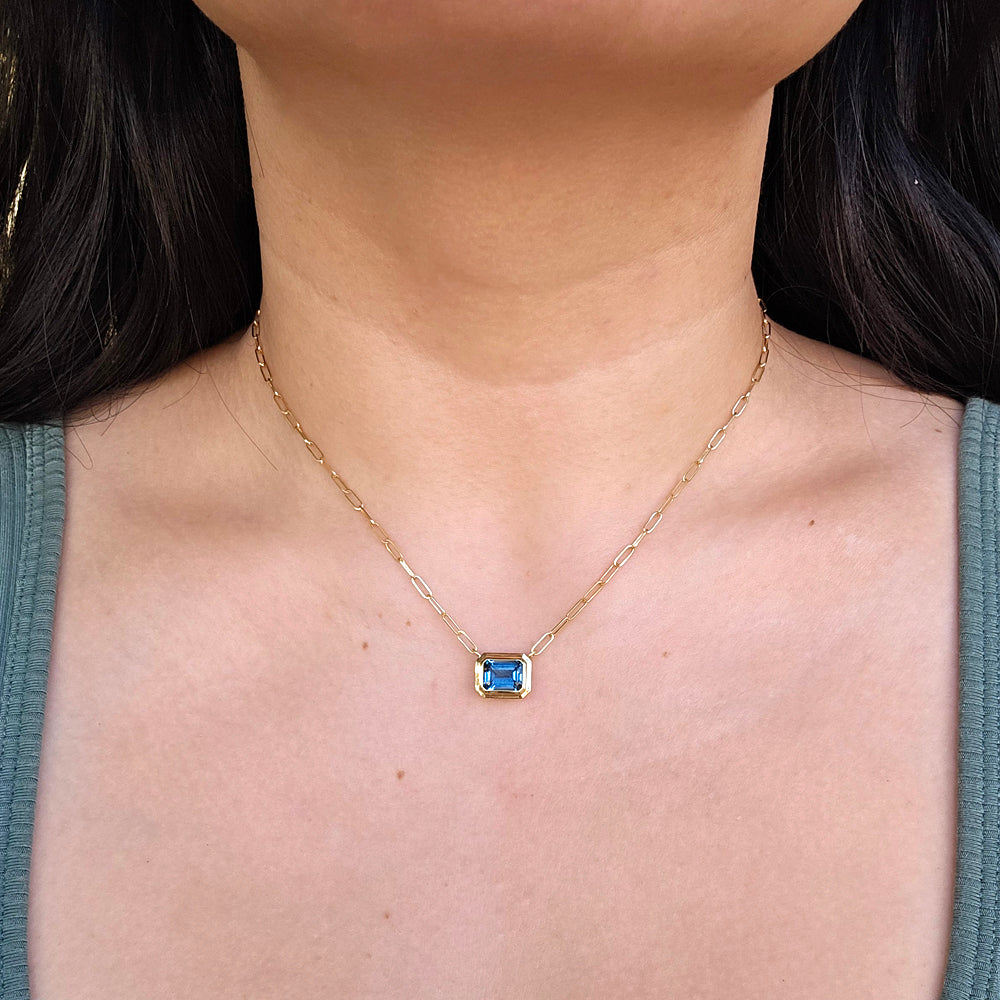 Emerald-Cut Blue Topaz Paperclip Necklace - "Manhattan"