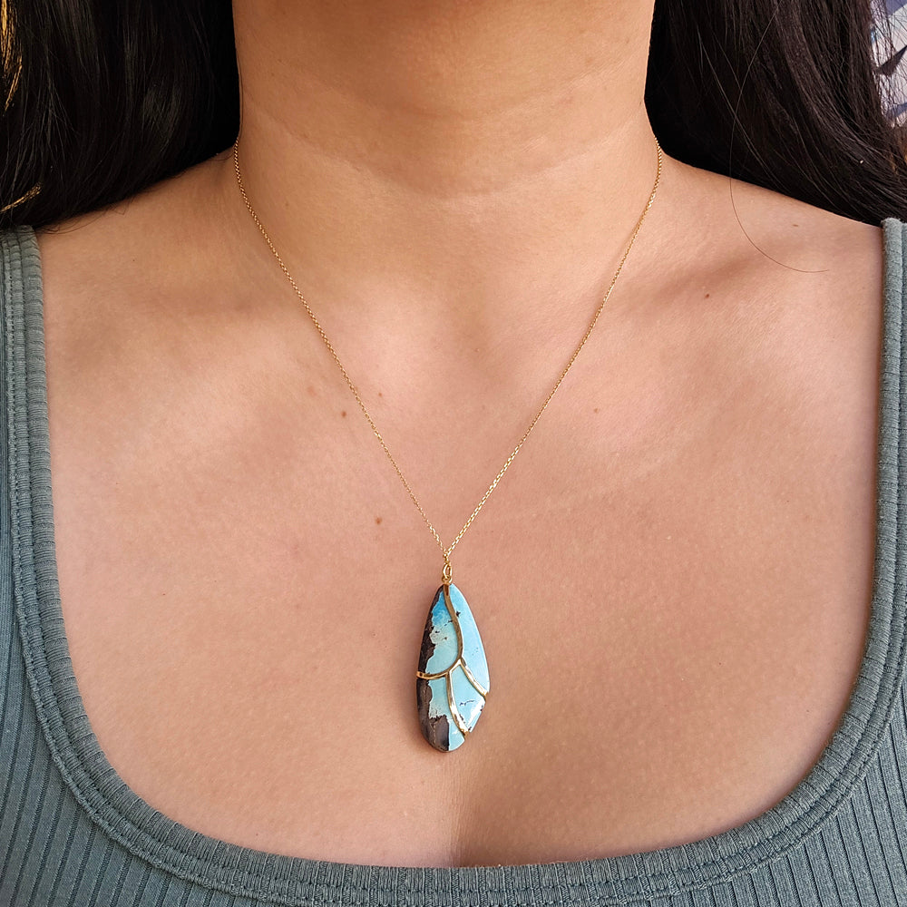 One-of-a-Kind Turquoise & Gold Necklace - "Large Butterfly Wing"