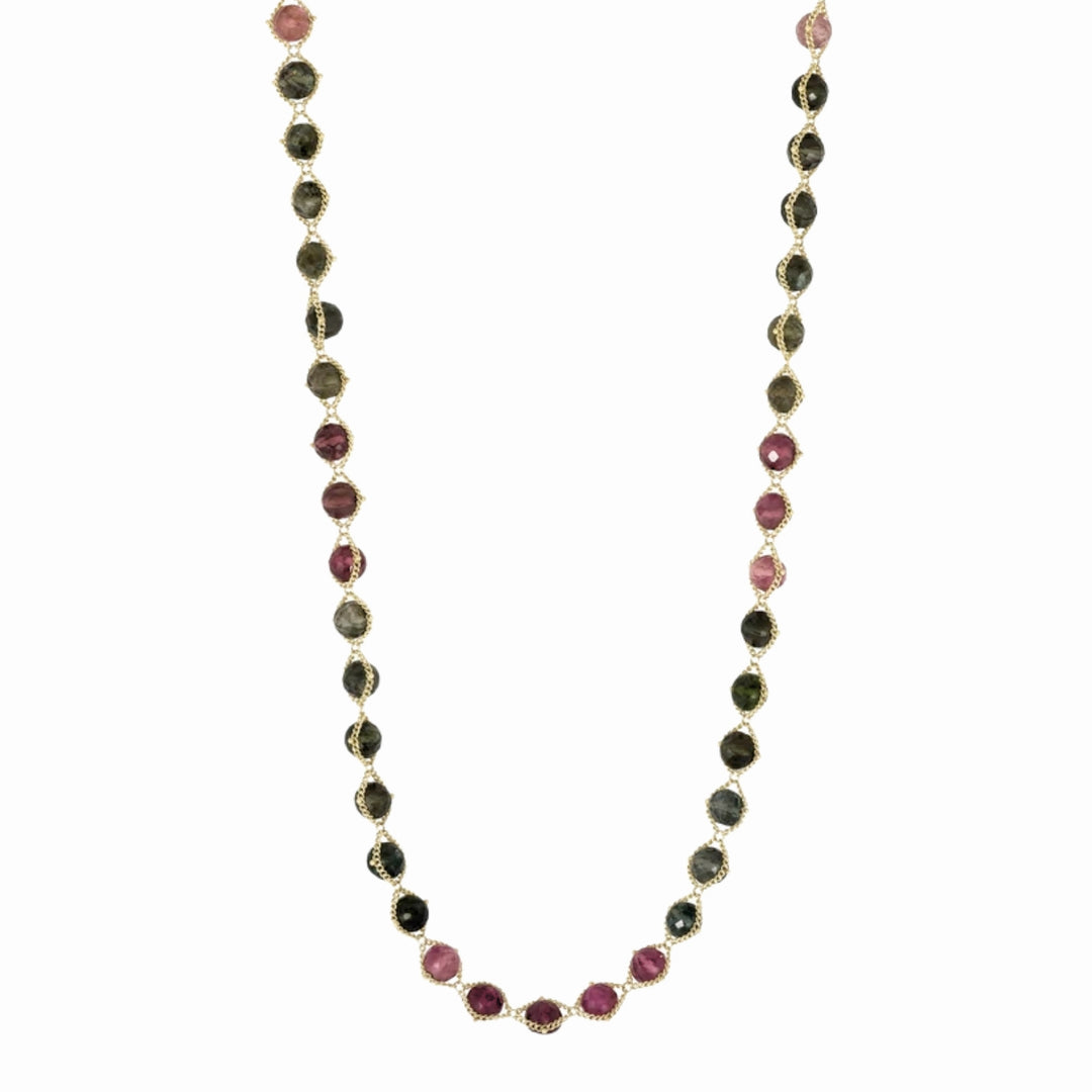 Amáli rainbow tourmaline necklace with woven 18K yellow gold