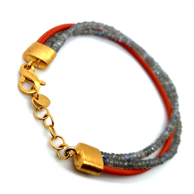 24K Gold Vermeil Labradorite & Orange Leather Beaded Bracelet - "