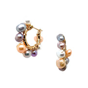 Multi-Color Pearl & Yellow Gold Plate Hoop Earrings - "Loula"