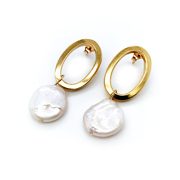 Yellow Gold Vermeil & Keishi Pearl Drop Oval Earrings - "Georgie"