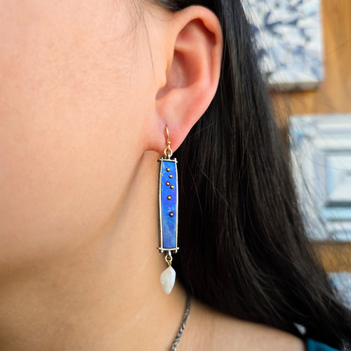 Anodized Titanium, Gold & Pearl Drop Earrings- "Deep South Shoji"