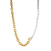 Yellow Gold Plate & Pearl Textured Link Necklace - "Charly"