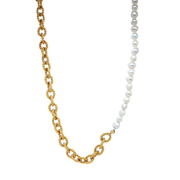 Yellow Gold Plate & Pearl Textured Link Necklace - "Charly"